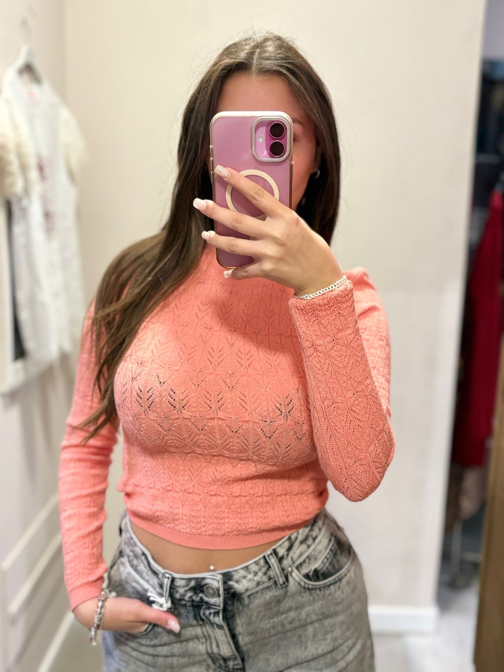 Maglia girocollo in maglia punto pizzo