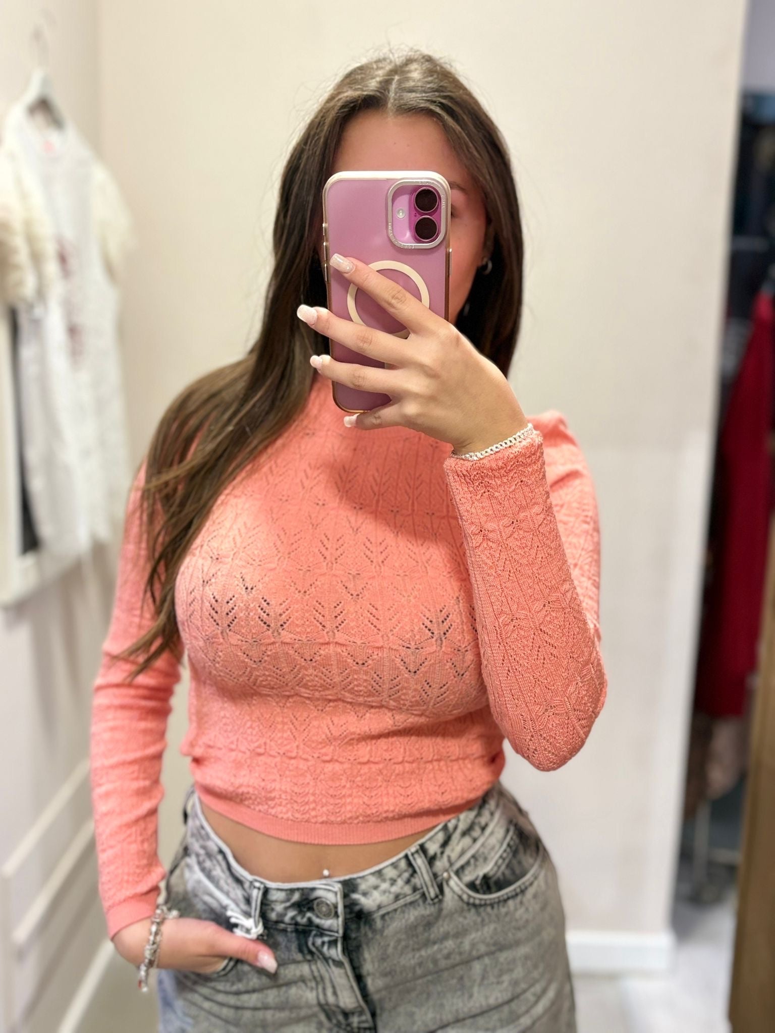 Maglia girocollo in maglia punto pizzo