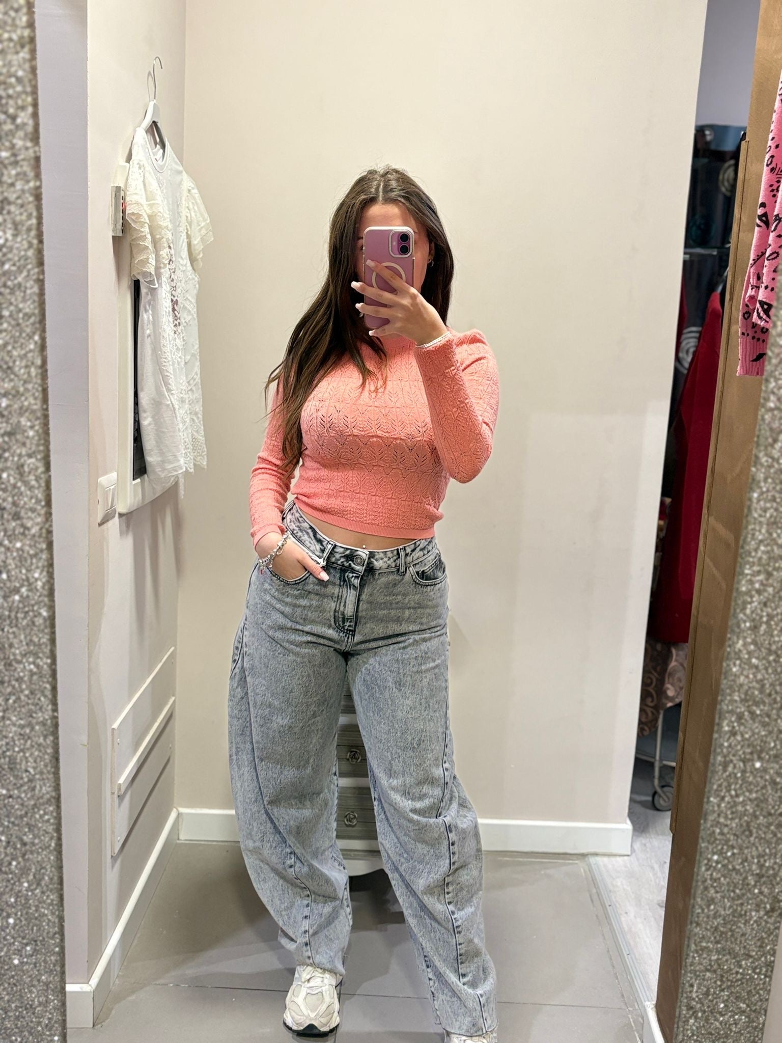 Maglia girocollo in maglia punto pizzo